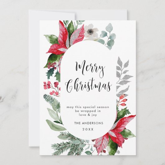 エレガントなポインセチアのクリスマスミスルトゥーの挨拶 シーズンカード (正面)