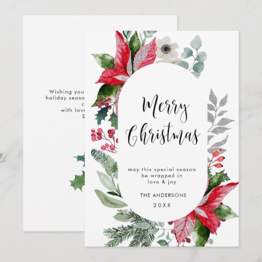 エレガントなポインセチアのクリスマスミスルトゥーの挨拶 シーズンカード (正面/裏面)