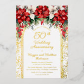 エレガントなポインセチアの結婚50周年記念 箔招待状 (正面)