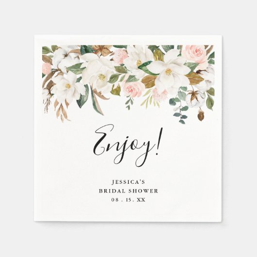 エレガントなマグノリアとコットン ブライダルシャワーナプキン スタンダードカクテルナプキン (正面)