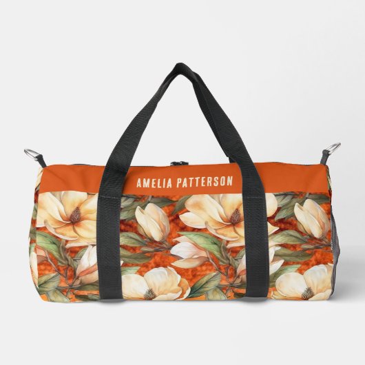 エレガントなマグノリアの花柄パターン オーダーメイド名前 ダッフルバッグ (正面)