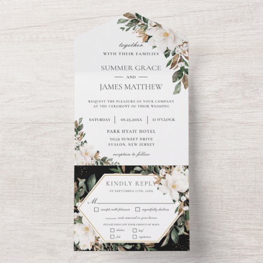 エレガントなマグノリア コットン フローラル グリーン ウェディング オールインワン招待状 (内側)