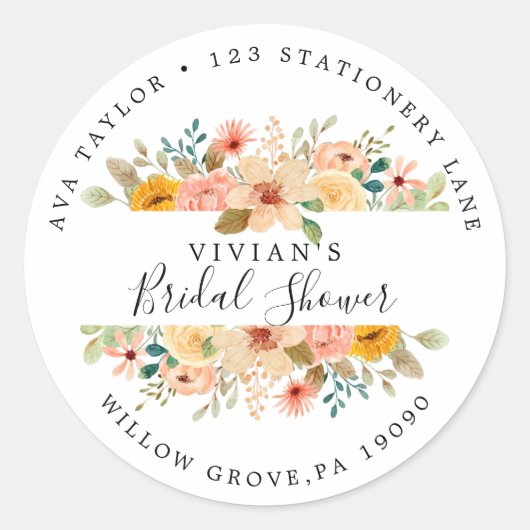 エレガントなマグノリア ブライダルシャワー 返信住所ラベル ラウンドシール (正面)
