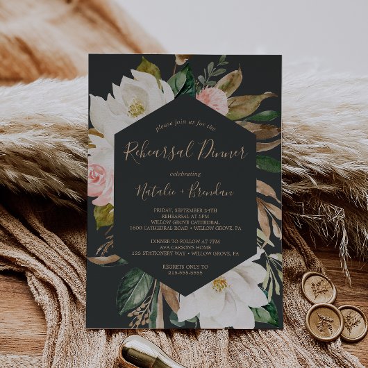 エレガントなマグノリア ブラック＆ホワイト リハーサルディナー 招待状
