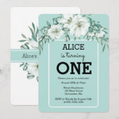 エレガントなマグノリア ホワイト パステルグリーン 1歳の誕生日 招待状 (正面/裏面)