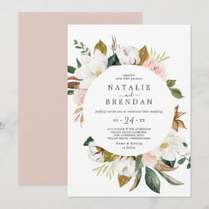 エレガントなマグノリア   白とピンクのカジュアルウェディング 招待状