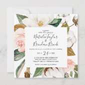 エレガントなマグノリア | 白とブレッシュのスクエア結婚式 招待状 (正面)