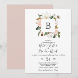 エレガントなマグノリア | 白 & ブッシュ モノグラム ウェディング 招待状