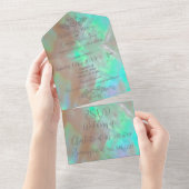 エレガントなマザーオブパールグリーンのウェディング オールインワン招待状 (貼ってはがせる)