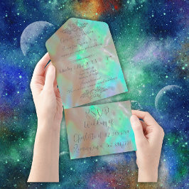 エレガントなマザーオブパールグリーンのウェディング オールインワン招待状