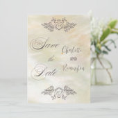 エレガントなマザーオブパール ピンクのSave the Date 招待状 (スタンド正面)