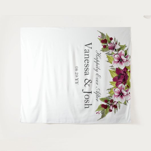 エレガントなマジェンタの白い花 緑の植物学 タペストリー (正面(横))