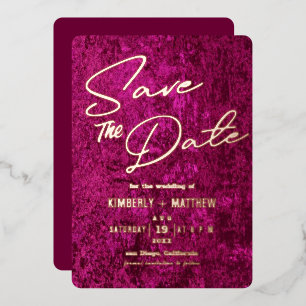 エレガントなマジェンタピンクゴールドのSave the date ウェディング 箔招待状