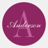 エレガントなマジェンタレッド、ピンク＆ホワイトの名前とイニシャル ラウンドシール (正面)