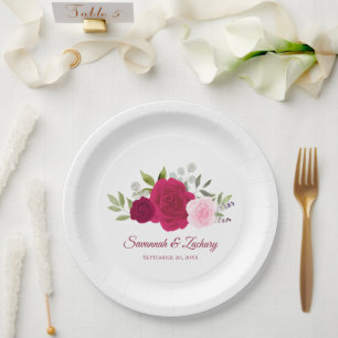 エレガントなマゼンタのホットピンクとピンクのバラの結婚式 ペーパープレート