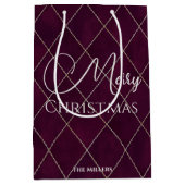 エレガントなマルーンアーガイルパターン メリークリスマス ミディアムペーパーバッグ (正面)