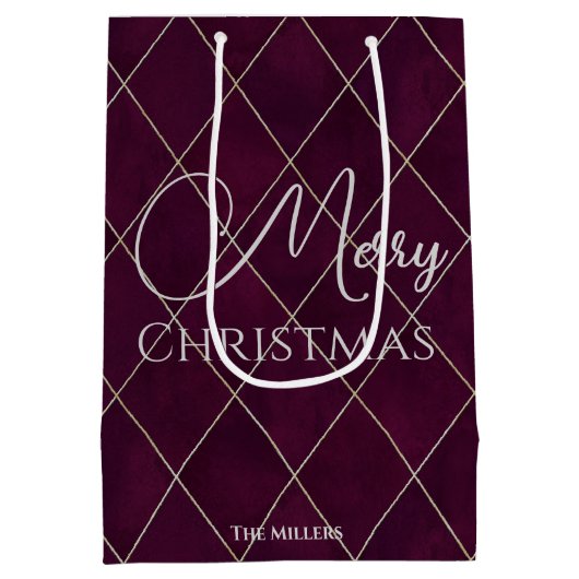 エレガントなマルーンアーガイルパターン メリークリスマス ミディアムペーパーバッグ (裏面)