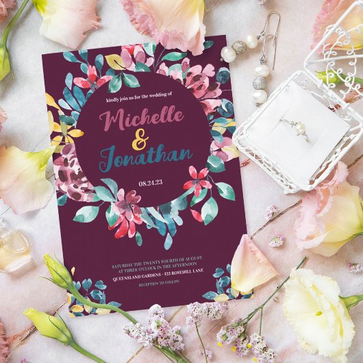 エレガントなマルーンカラーの水彩花のウェディング 招待状