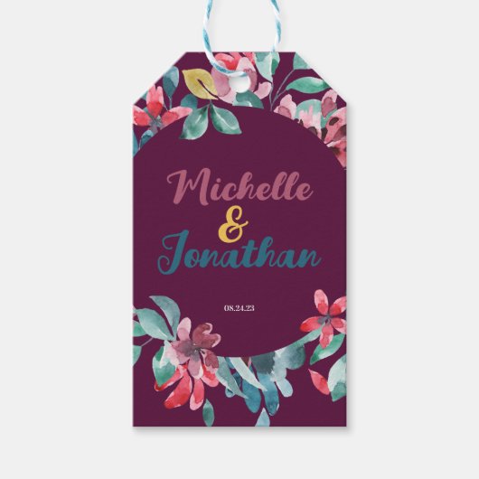 エレガントなマルーンカラーの水彩花 ギフトタグ (正面)