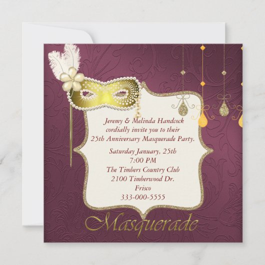 エレガントなマロン＆ゴールドの仮面パーティー招待状 招待状 (正面)