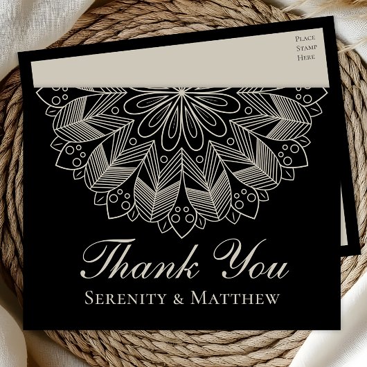 エレガントなマンダラ インド ヘンナ ボヘミアンチック ブラック サンクス インビテーションポストカード