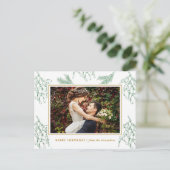 エレガントなミストルティーグリーンとゴールドの写真クリスマス シーズンポストカード (スタンド正面)