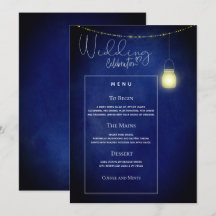 エレガントなミッドナイトブルーのメイソンジャー ウェディングメニューカード
