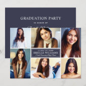 エレガントなミッドナイトブルーの写真コラージュ 卒業式カード 招待状 (正面/裏面)