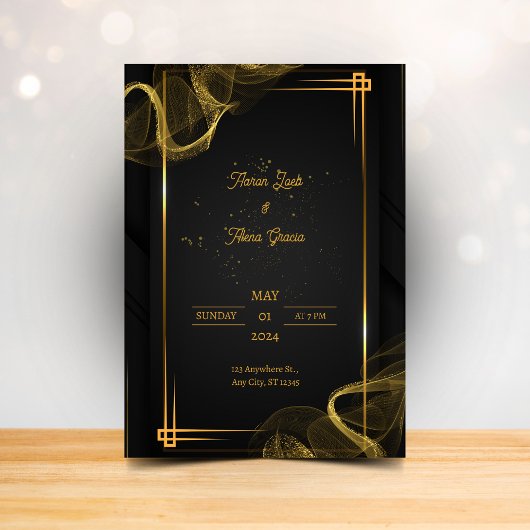 エレガントなミッドナイトロマンス ブラックウェディング招待状 招待状