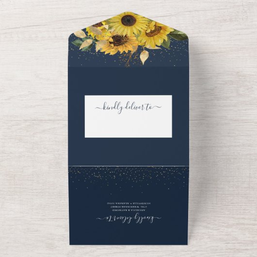 エレガントなミッドナイト サンflower ネイビー ウェディング オールインワン招待状 (外側)