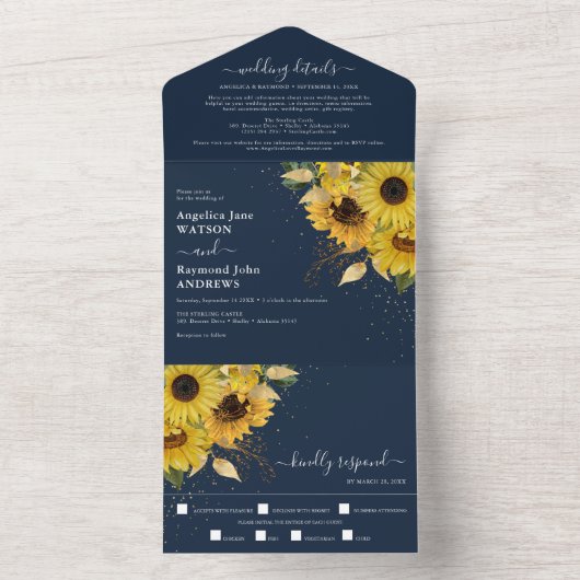 エレガントなミッドナイト サンflower ネイビー ウェディング オールインワン招待状 (内側)