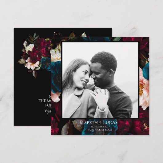 エレガントなミニマリストのブラックとフラワーのウェディング セーブザデート (正面/裏面)