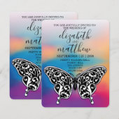 エレガントなミニマリストのモノクロ蝶と夕焼け 招待状 (正面/裏面)