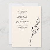 エレガントなミニマリストの花のドローイング in クリーム ウェディング 招待状 (正面)