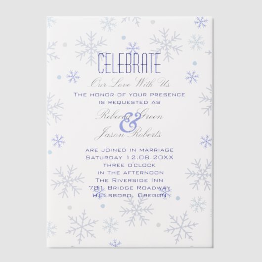エレガントなミニマリストの青い雪の結晶の冬のウェディング ベラム紙招待状 (正面)