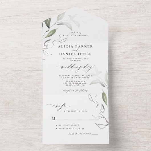 エレガントなミニマリストグリーンの葉が付いたRSVPウェディング オールインワン招待状 (内側)
