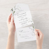 エレガントなミニマリストグリーンの葉が付いたRSVPウェディング オールインワン招待状 (貼ってはがせる)