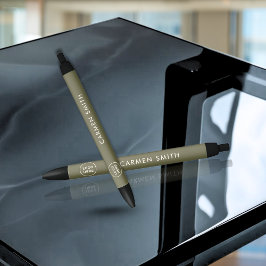 エレガントなミニマリスト モノグラム グリーン オリーブ ロゴ付き 黒ボールペン