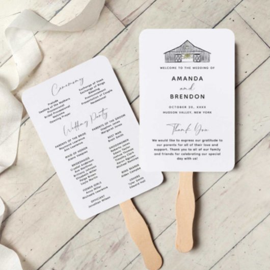 エレガントなミニマルなバーンウェディングプログラム ハンドファン