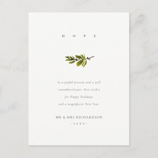 エレガントなミニマルな松の枝のクリスマスの希望 シーズンポストカード (正面)