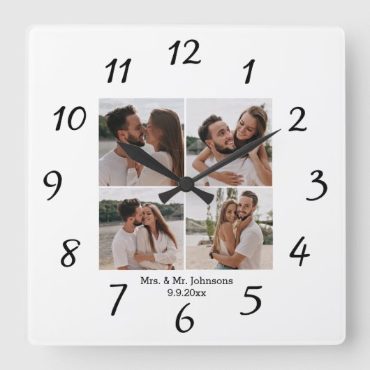 エレガントなミニマルなMrs. & Mr. 4枚の写真コラージュ結婚式 スクエア壁時計 (正面)