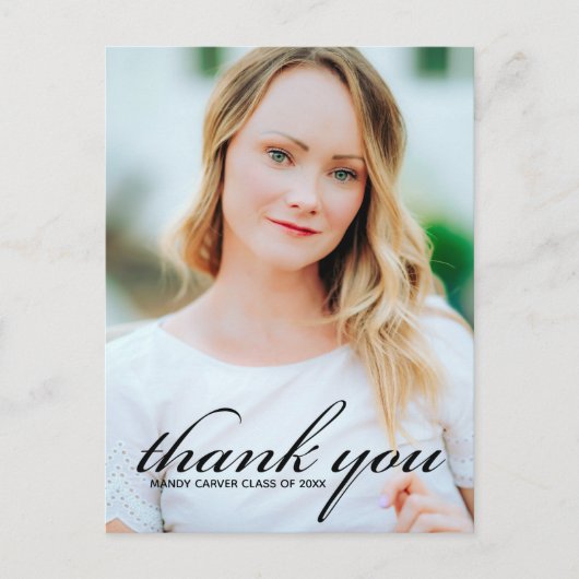 エレガントなミニマルスクリプト卒業写真感謝メッセージ ポストカード (正面)