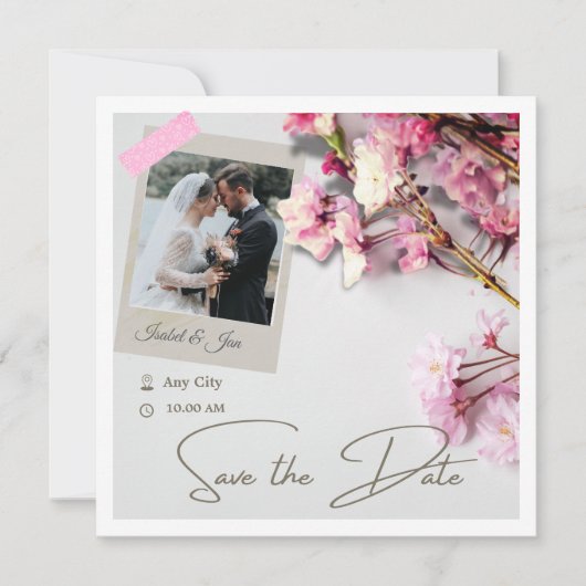 エレガントなミニマルデザインの桜ピンク セーブザデート (正面)