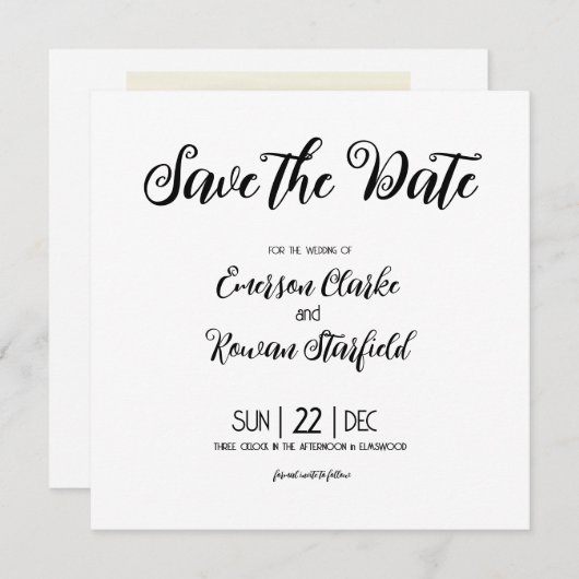 エレガントなミニマルデザインの裏面に写真を追加できるカード セーブザデート (正面/裏面)