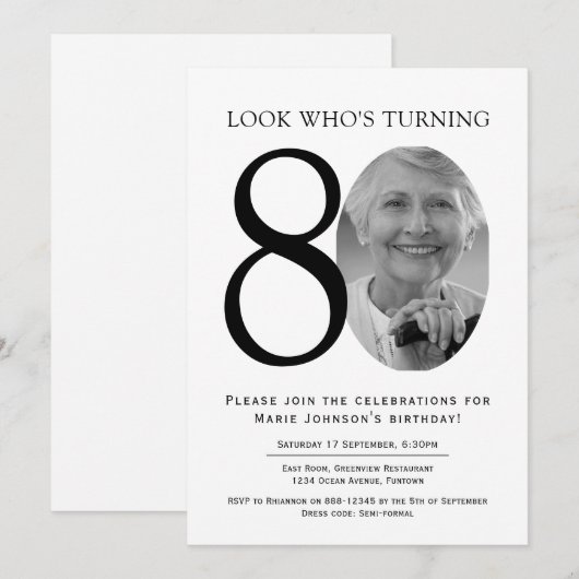 エレガントなミニマルフォト 80歳の誕生日 招待状 (正面/裏面)