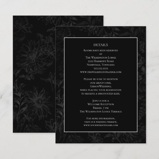 エレガントなミニマルブラックタペストリーウェディング詳細 エンクロージャーカード (正面/裏面)