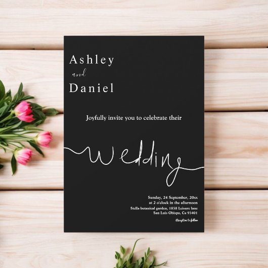 エレガントなミニマルブラック＆ホワイトの繊細なウェディング 招待状