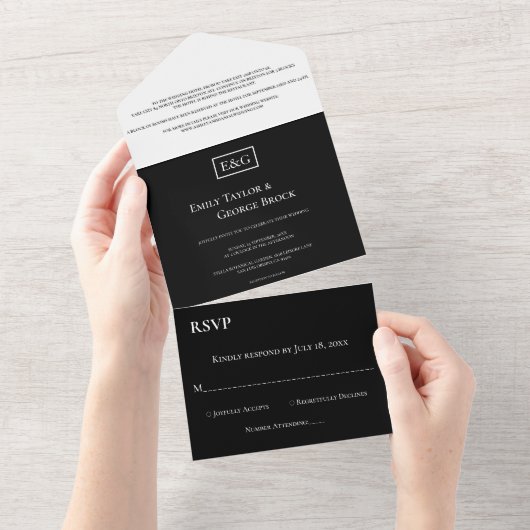 エレガントなミニマルブラック＆ホワイトモノグラムウェディング オールインワン招待状 (貼ってはがせる)