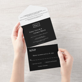 エレガントなミニマルブラック＆ホワイトモノグラムウェディング オールインワン招待状