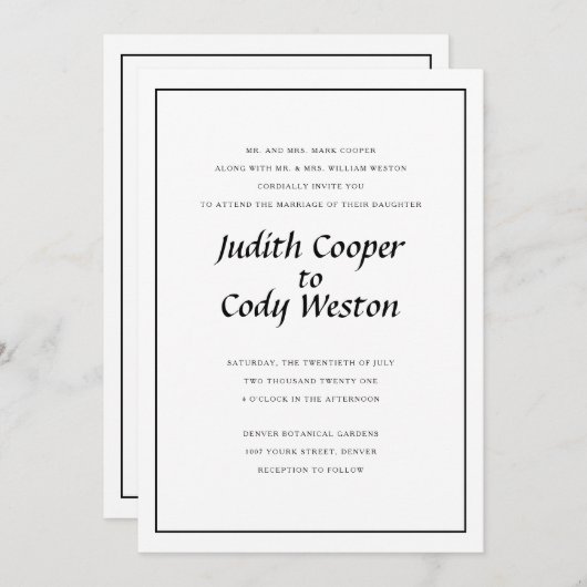 エレガントなミニマル結婚式招待状 招待状 (正面/裏面)